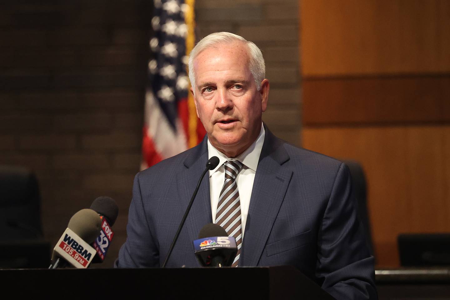 Joliet Mayor Terry D’Arcy speaks at a vaping press conference at Joliet City Hall on Tuesday, August 13, 2024. The conference addressed the city’s crack down on businesses selling vaping products to underage children, the school districts challenges identifying vaping devices in school and a new bill that makes it illegal in Illinois to buy vaping products online and shipped to anyone unless it’s for a licensed retailer or business.