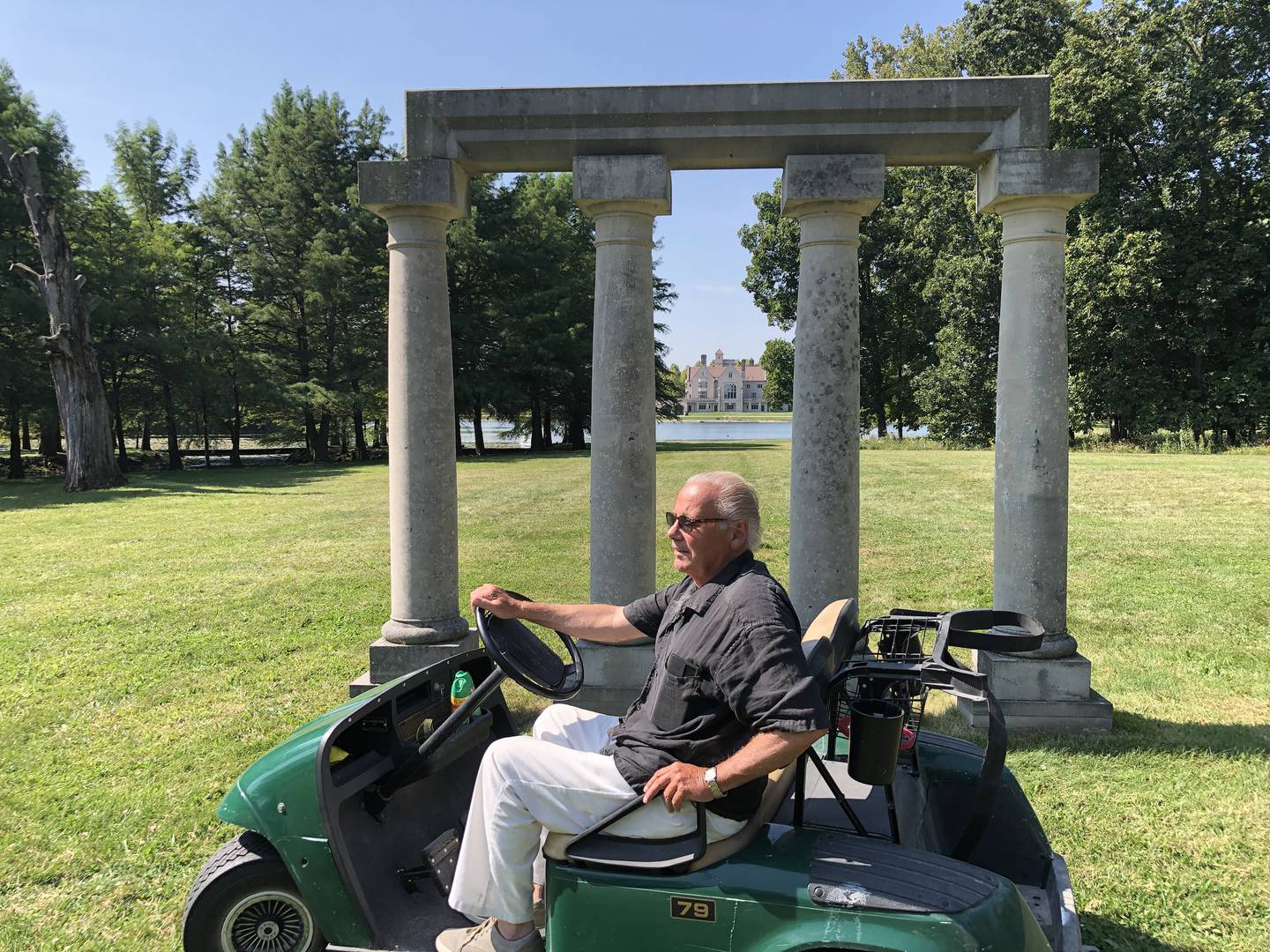 Henri Giugni offered a tour of the property outside Harvard on Thursday, Sept. 12, 2024. The columns were not used on the house so were instead set across the lake. They are lighted at night and can be seen from the great room's windows.