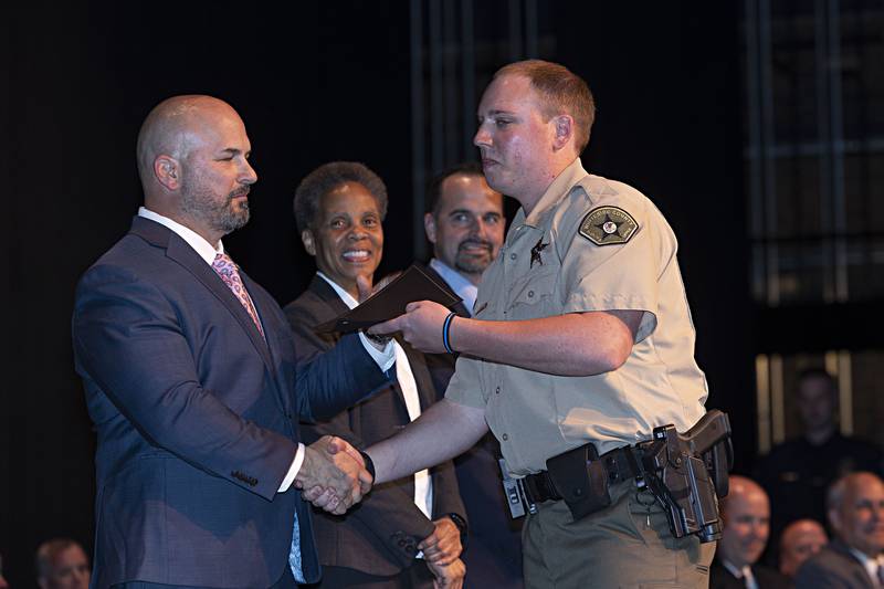 SVCC police academy graduate Ryan VanZuiden receives his certificate for completion of the course at SVCC Friday, April 14, 2023. VanZuiden will serve with the Whiteside County Sheriff’s Office.