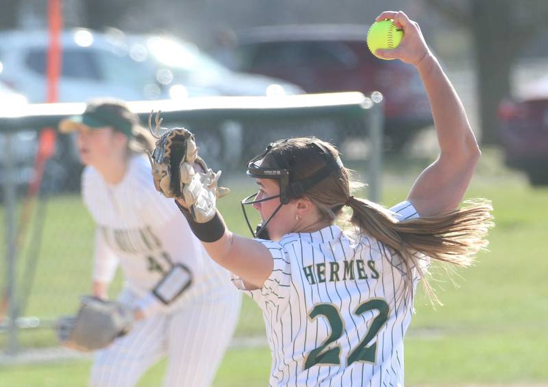 St. Bede's Ella Hermes fires a pitch to Midland on Thursday, March 21, 2024 at St. Bede Academy.