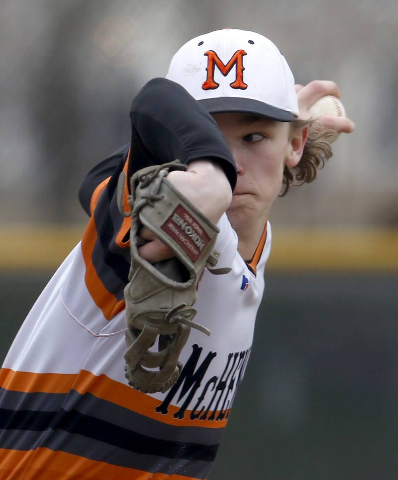 McHenry’s Lleyton Grubich throws a pitch during a Fox Valley Conference baseball game Friday, April 15, 2022, between Jacobs and McHenry at Petersen Park in McHenry.