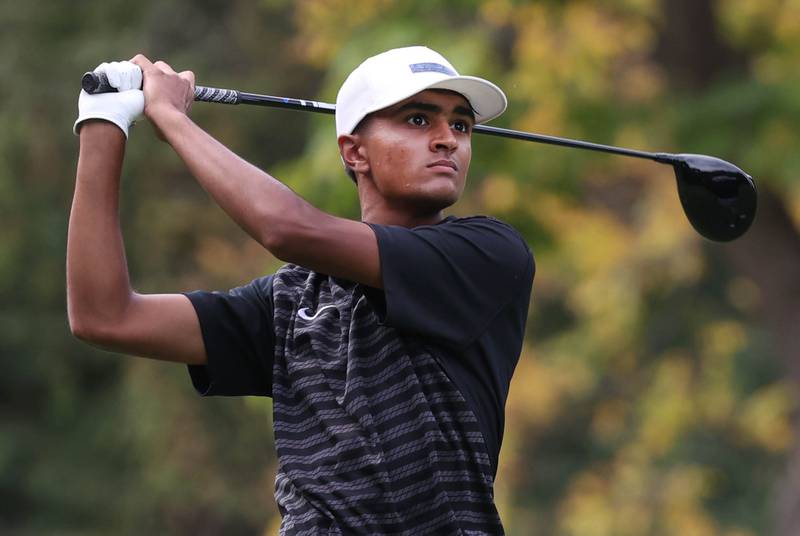 Huntley’s Taig Bhathal tees off on the third hole Monday, Sept. 16, 2024, during the Mark Rolfing Cup at the Kishwaukee Country Club in DeKalb.