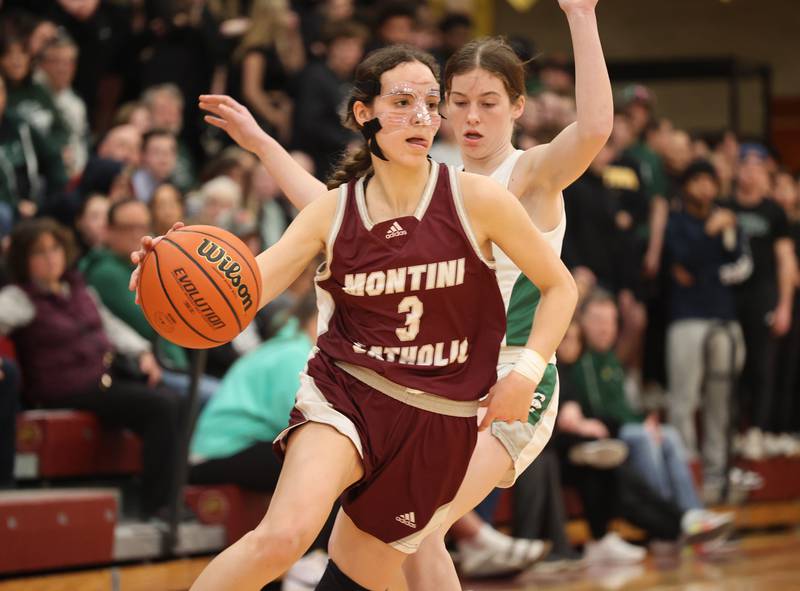 Montini Catholic’s Nicolette Kerstein (3) drives to the basket against Grayslake Central during the girls Class 3A Concordia University Supersectional basketball game on Monday, Feb. 26, 2024 in River Forest, IL.