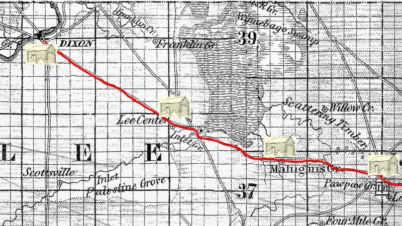 This 1852 map traces the Chicago Road from Dixon to Paw Paw.