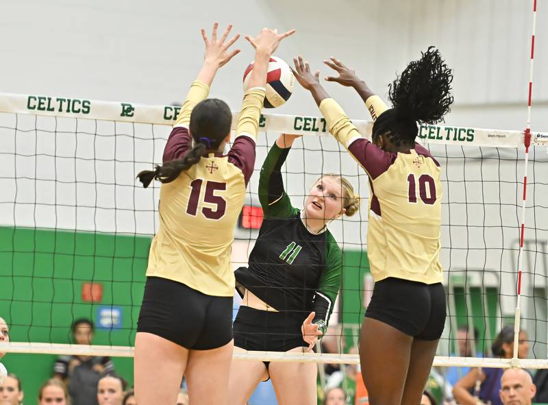 Providence Catholic's Abbey Knight attempts a kill shot during a match against Saint Ignatius on Tuesday, Sept. 10, 2024, at New Lenox.