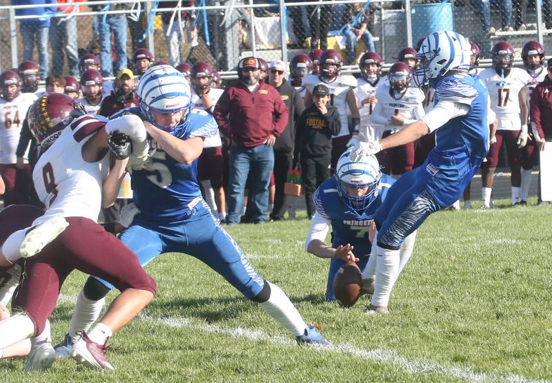 Princeton's place kicker Carlos Benavidez makes a field goal to give the Tigers their first three-points against Montini Catholic on Saturday, Nov. 11, 2023 at Bryant Field in Princeton.