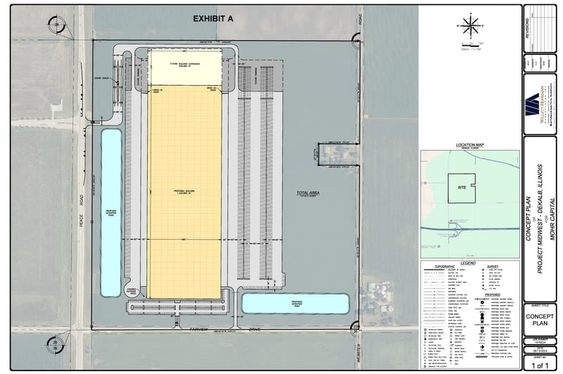 A manufacturer has proposed building a new 1.3 million-square-foot warehouse facility on 147 acres of land owned by 3M on DeKalb’s south side, city documents show.
A manufacturer has proposed building a new 1.3 million-square-foot warehouse facility on 147 acres of land owned by 3M on DeKalb’s south side, city documents show. The development, referred to as “Project Midwest” in documents released ahead of Monday’s DeKalb Planning and Zoning Commission meeting, would be built on the northeast corner of Peace Road and Fairview Drive, DeKalb.