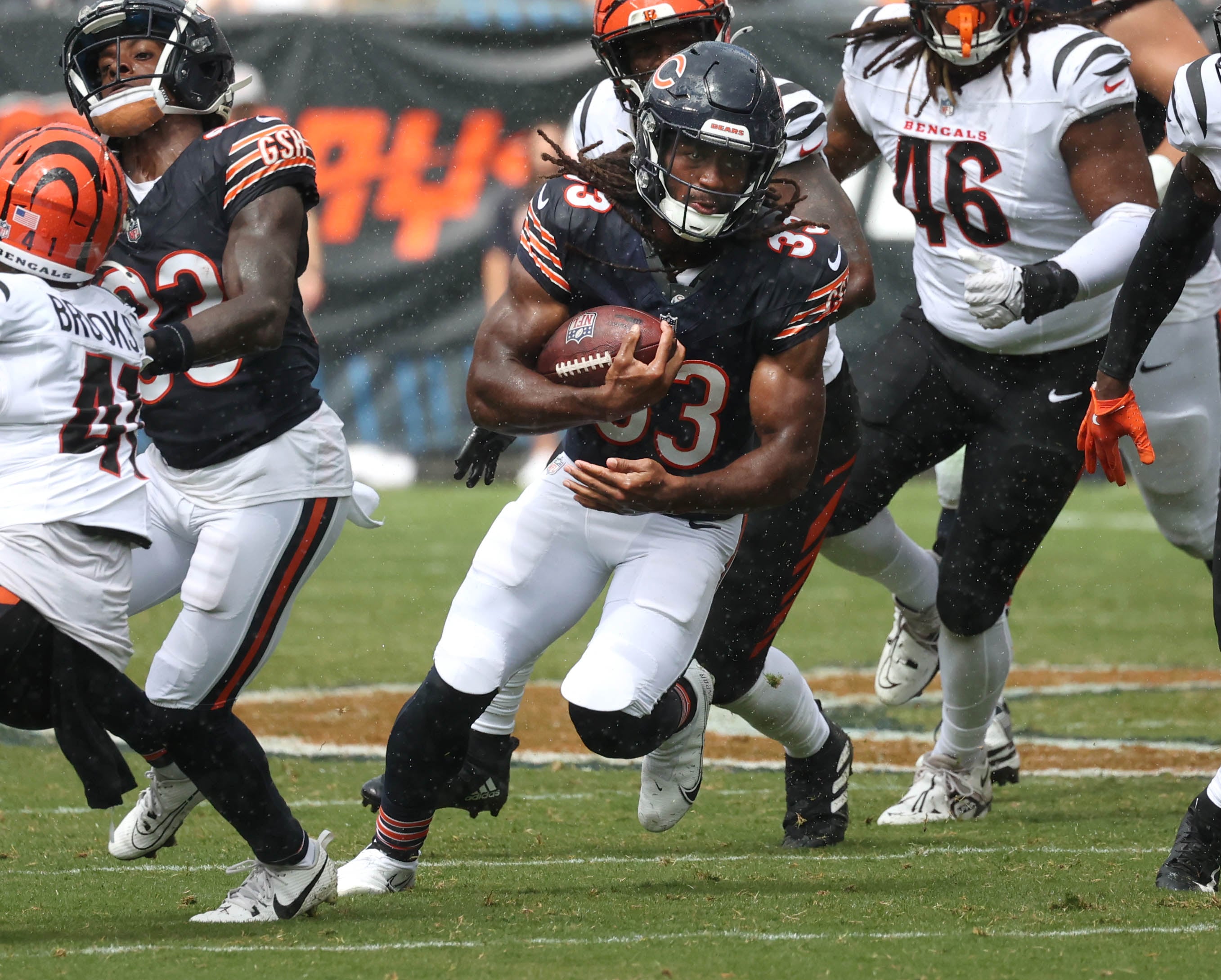 Chicago Bears running back Ian Wheeler gets through the Cincinnati Bengals defensive line during their game Saturday, Aug. 17, 2024, at Soldier Field in Chicago.