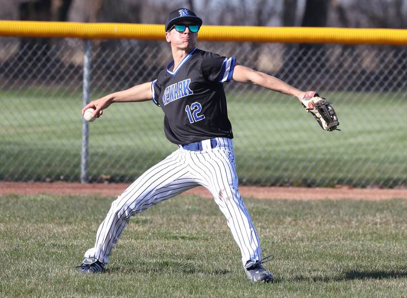 Newark's Blake Adams gets the ball back into the infield Monday, April 8, 2024, during their game at Hinckley-Big Rock High School.