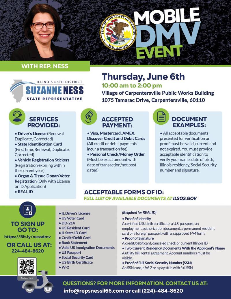 The Illinois Secretary of State’s Mobile Driver Services Unit will be at the Village of Carpentersville Public Works Facility from 10 a.m. to 2 p.m. Thursday, June 6, 2024