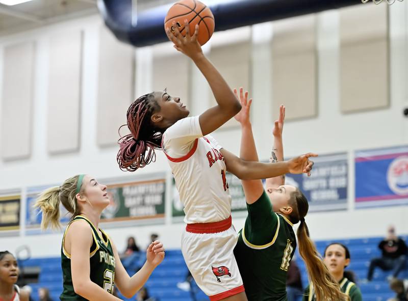Bolingbrook's Trinity Jones goes up strong for a shot during the Plainfield South Regional playoff game against Plainfield Central on Monday, Feb. 12, 2024, at Plainfield. (Dean Reid for Shaw Local News Network)