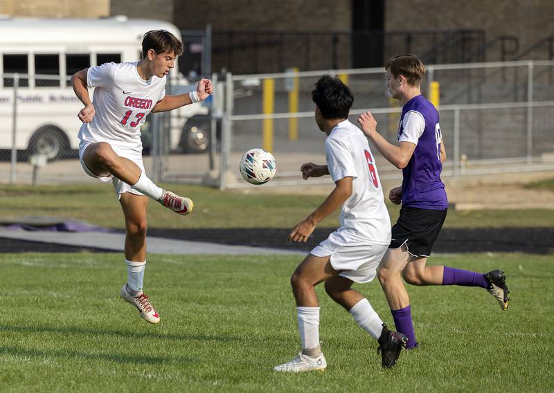 Oregon’s Ivan Hernandez plays the ball against Dixon Wednesday, Sept. 11, 2024, at EC Bowers field in Dixon.