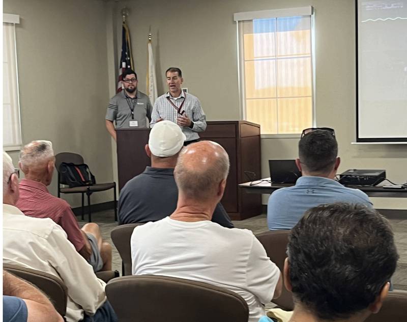 Village of Plainfield Public Works Director Scott Threewitt talks on the 143rd Street extension project at Plainfield Village Hall on Wednesday, Aug 28, 2024.  The village held a special public meeting to present updates on the project.