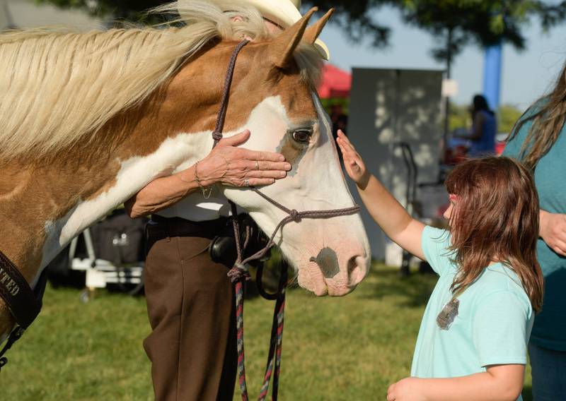 Maddie Stephens, 7 of Campton Hills pets Kane County Ranger horse “Dixie” during the National Night Out event on Tuesday, August 2, 2022.