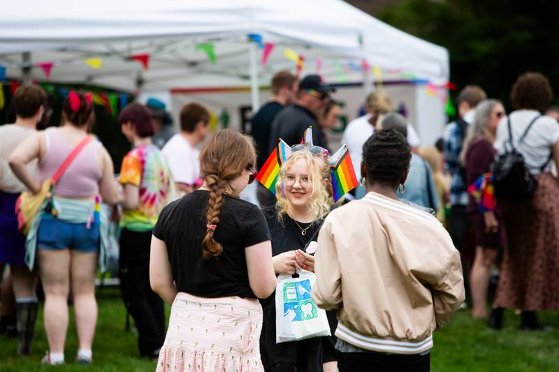 Margaret Nelson, 12, of Darien (center) celebrates the Downer’s Grove Pride Fest with her hair adorned with rainbow flags, Saturday, June 8, 2024.

Suzanne Tennant/For Shaw Local News Media