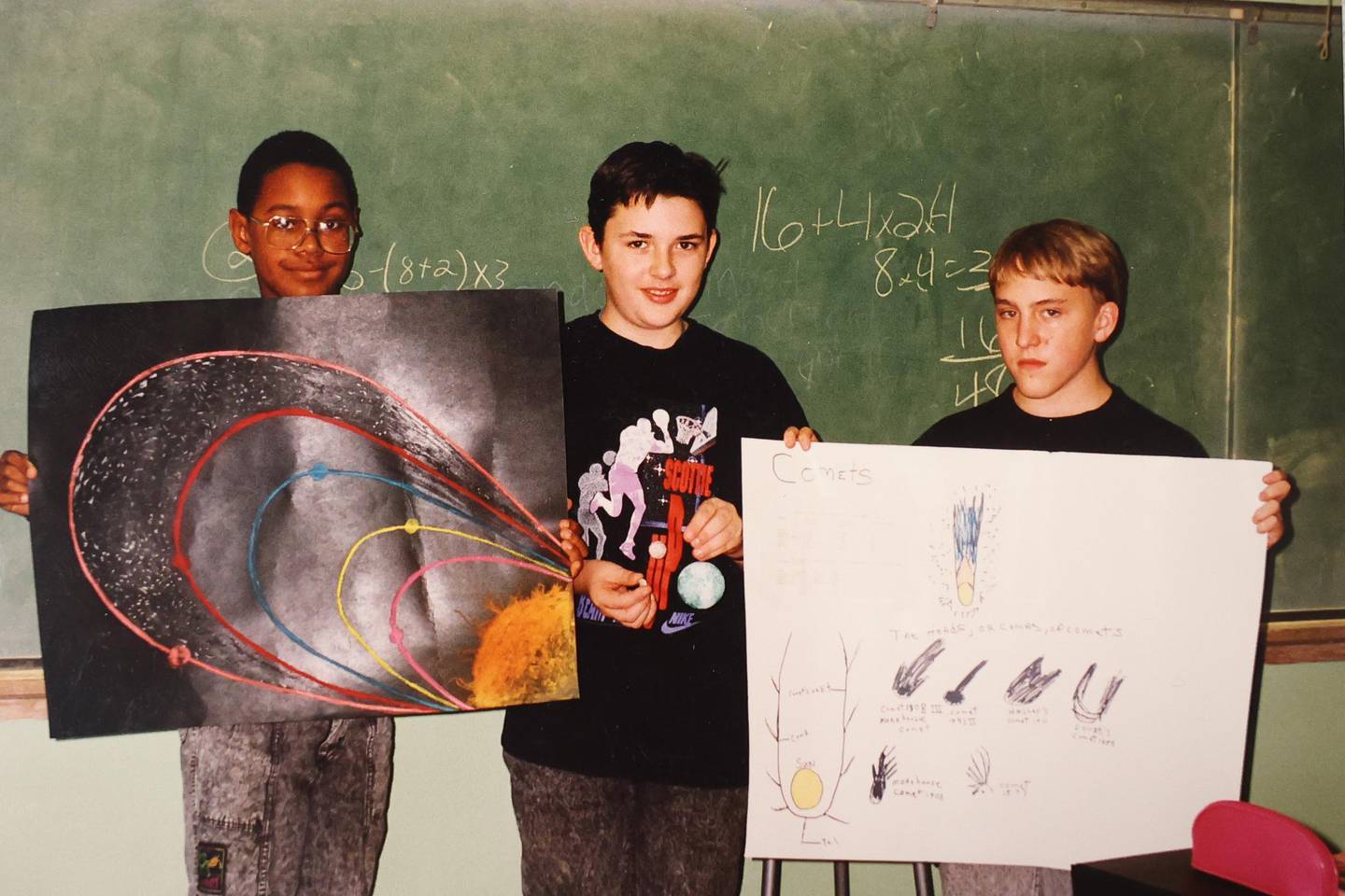 Evan Giardina, center, had his picture taken by his teacher Judith Nash in 1992 at Hufford Junior High School in Joliet. Now, 31 years later, Giardina and Nash both work for District 86.