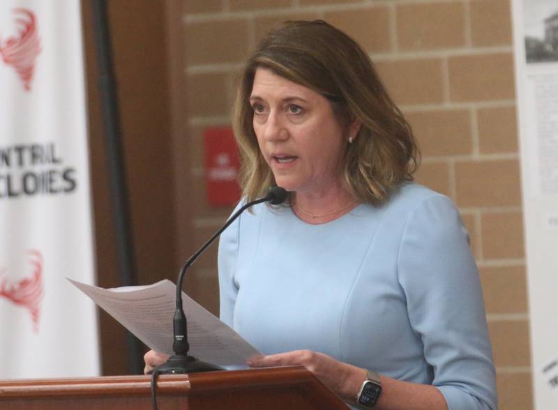 Michelle Conger Chief Strategy Officer for OSF Healthcare speaks to the Illinois Health Facilities and Services Review Board during a hearing on Thursday, June 13, 2024 at Central Intermediate School in Ottawa.
