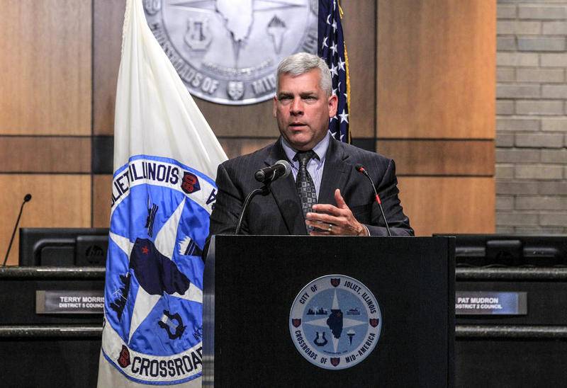 Mayor Bob O'Dekirk addresses the media on Monday, Jun. 1, 2020, during a press conference on Sunday night's looting and vandalism that took place in Joliet, Ill.