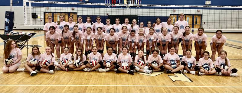 The junior high division for the 2024 Bureau Valley Storm Volleyball Camp.