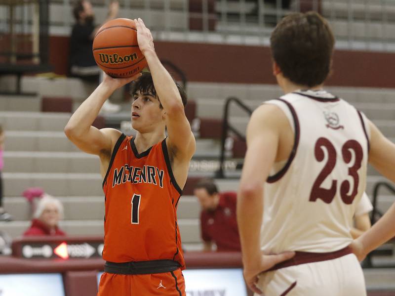 McHenry's Marko Visnjevac shoots a free-throw to seal a win in a nonconference basketball game against Antioch on Thursday, Jan. 4. 2024, at Antioch High School.