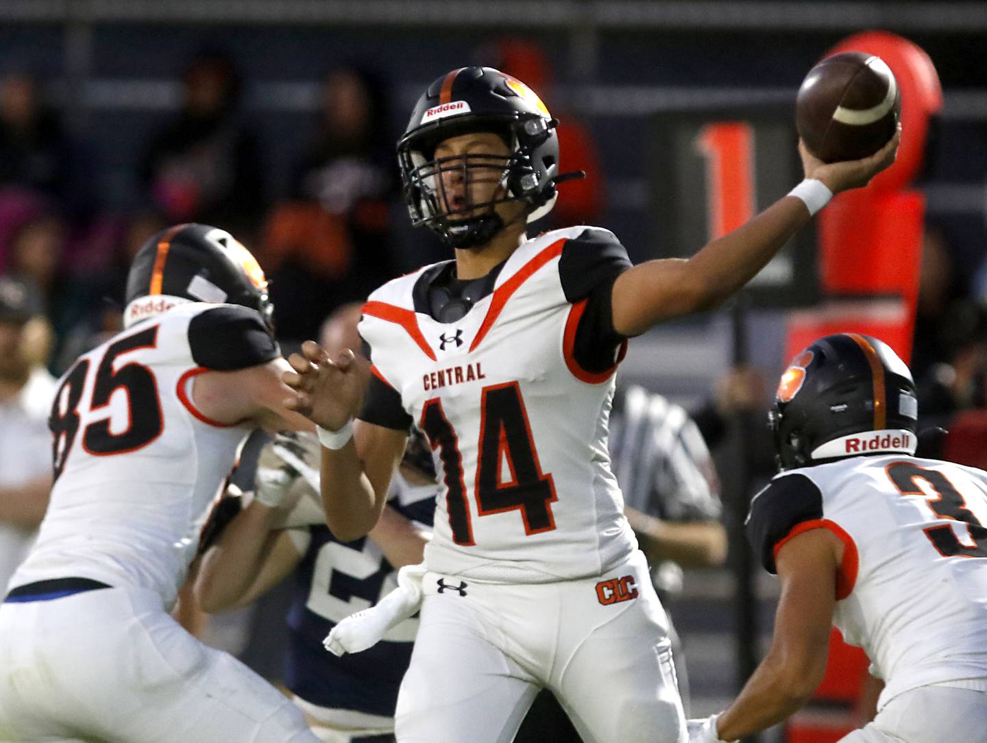 Crystal Lake Central's Aidan Niederkorn throws a pass during a Fox Valley Conference football game against Cary-Grove on Friday, Sept. 6, 2024, at Cary-Grove High School in Cary.