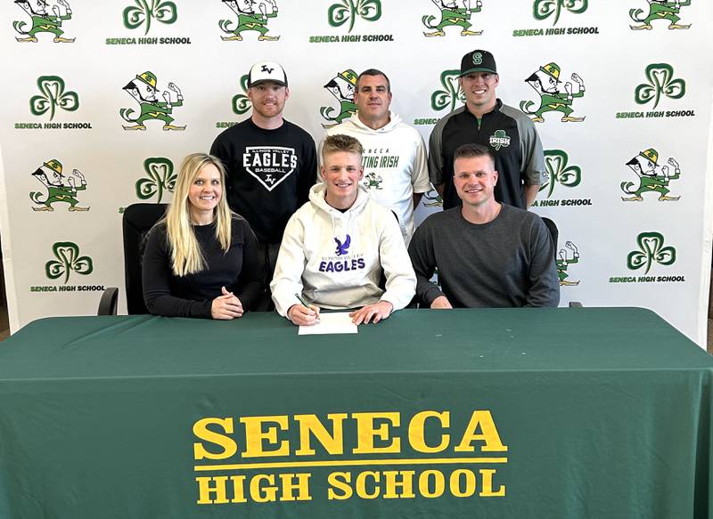 Seneca’s Austin Aldridge has signed on to continue his education at Illinois Valley Community College in Oglesby and his baseball career at the NJCAA level with the Eagles. Aldridge was a second-team member of the 2024 Times All-Area Baseball Team. Pictured at his signing ceremony, left to right, are: front row - Crystal Aldridge, Austin Aldridge and Ryan Aldridge; back row - Nick Harsted, Ted O’Boyle and Tim Brungard.