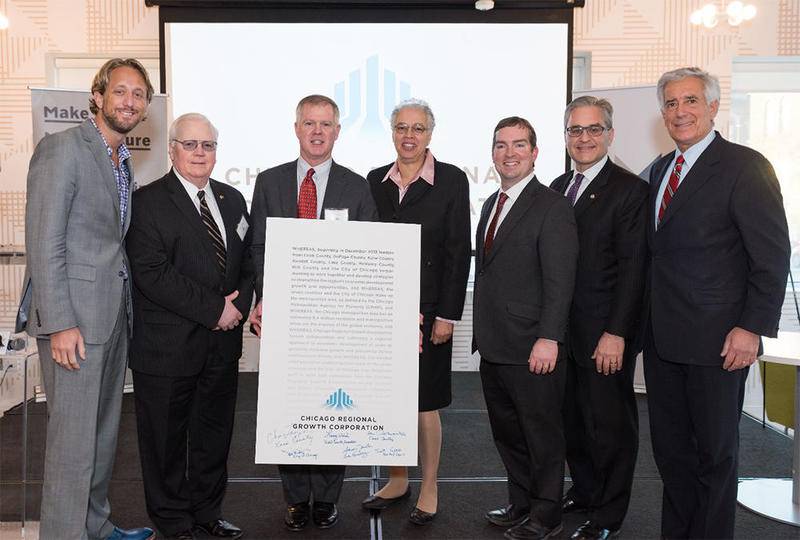 Pictured (from left) are Lake County Chairman Aaron Lawlor; Will County Executive Larry Walsh; CRGC Executive President Tom Hulseman; Cook County President Toni Preckwinkle; Kendall County Board Chairman Scott Gryder; Deputy Mayor of Chicago Robert Rivkin; and Kane County Chairman Chris Lauzen.