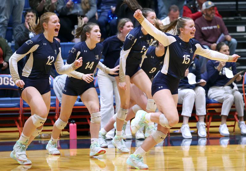 IC Catholic Prep players celebrate their win over Genoa-Kingston in the Class 2A sectional semifinal match Monday, Oct. 30, 2023, at Genoa-Kingston High School.