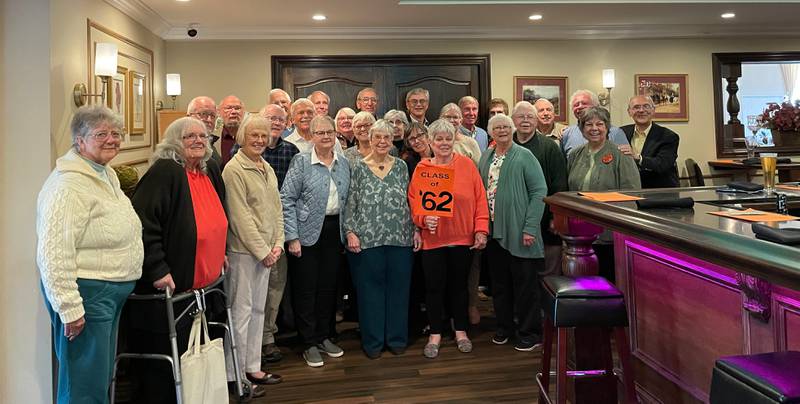 Members of the Crystal Lake Central High School Class of 1962 celebrated their 60th class reunion during homecoming weekend on September 23 and 24, 2022. 

Pictured (first row L to R): Linda Freund Hweins, Kathy Hewins, Marcia Ekstrom Swan, Linda Berkley Zell, Linnea Munson Becker, Ginger Graham, Carol Boyson Goy, Gloria Stewart Jenson, (second row L to R) Clarence Iverson, Frank Church, Wayne Markee, Chris Hurley Frenz, Karen Hughes Radovich, Bonnie Metzler Hernandez, Andrea McNeil Guanci, Carolyn Bruse, Bill Coss, Tom Shalin, Roger Schneider, (third row L to R) Wayland Brown, Bill Fanter, John Sephanni, Bob Frenz, Ross Annable, Rick Sassmannshausen, Jane Cornel Brehmer, Forrest Hare