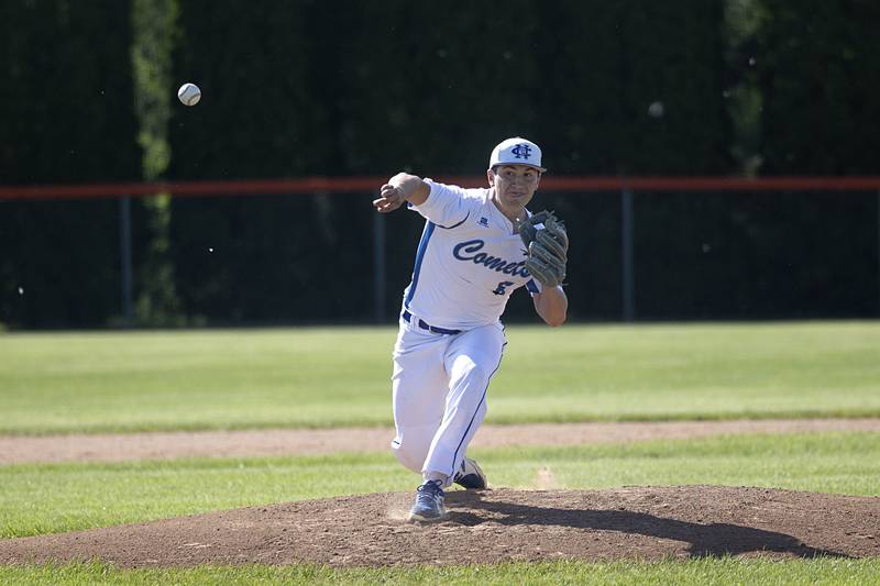 Newman’s Evan Bushman fires a pitch against Stillman Valley Wednesday, May 22, 2024 in the Class 2A sectional semifinal in Byron.