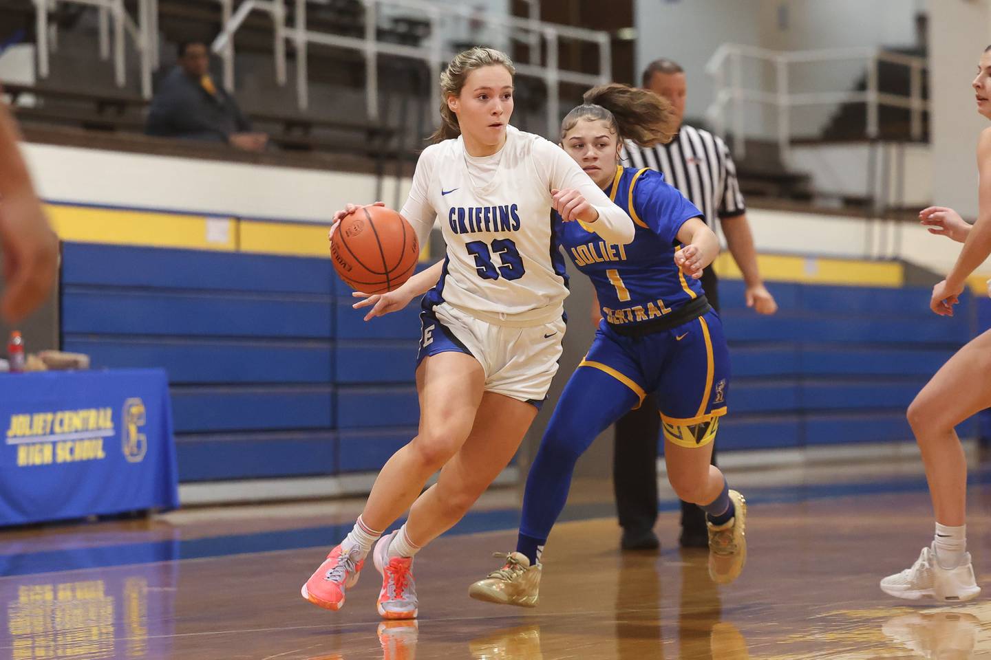 Lincoln-Way East’s Lana Kerley makes a move to the basket against Joliet Central in the Class 4A Joliet Central Regional semifinal on Feb. 13th, 2024 in Joliet.