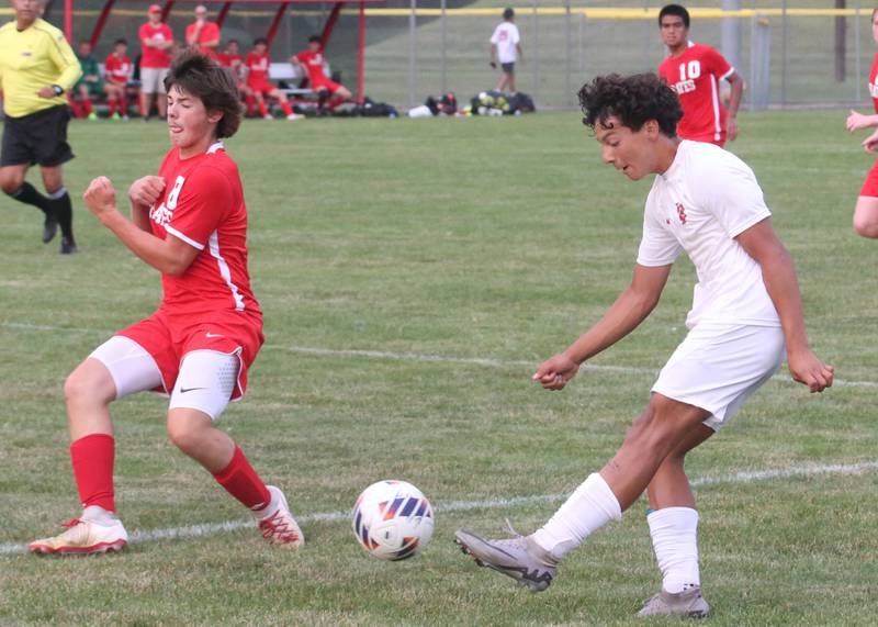 L-P's Adan Pantoja kicks the ball in front of Ottawa's Mason Jaegle during the game on Thursday, Sept. 5, 2024 at King Field.