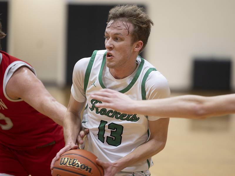 Rock Falls’ Aydan Goff heads for the basket against Morrison Wednesday, Feb. 21, 2024 at the Prophestown class 2A basketball regional.