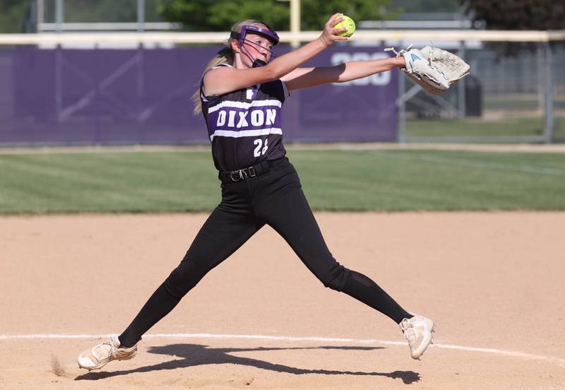 Dixon’s Allie Abell delivers a pitch during their Class 3A regional championship game against Sycamore Thursday, May 23, 2024, at Rochelle High School.