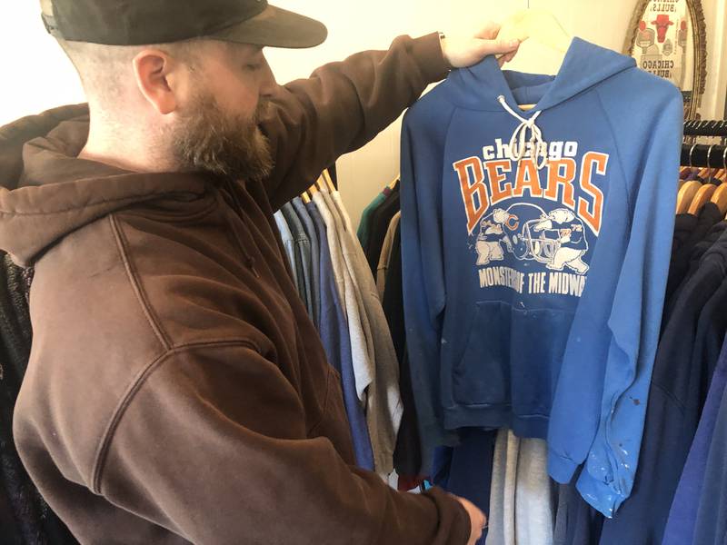 A vintage Chicago Bears hoodie from the 1980s is among the tops Mick "Stan" Johnson is selling at Stan's Vintage in McHenry. The store opens on Feb. 14, 2024.