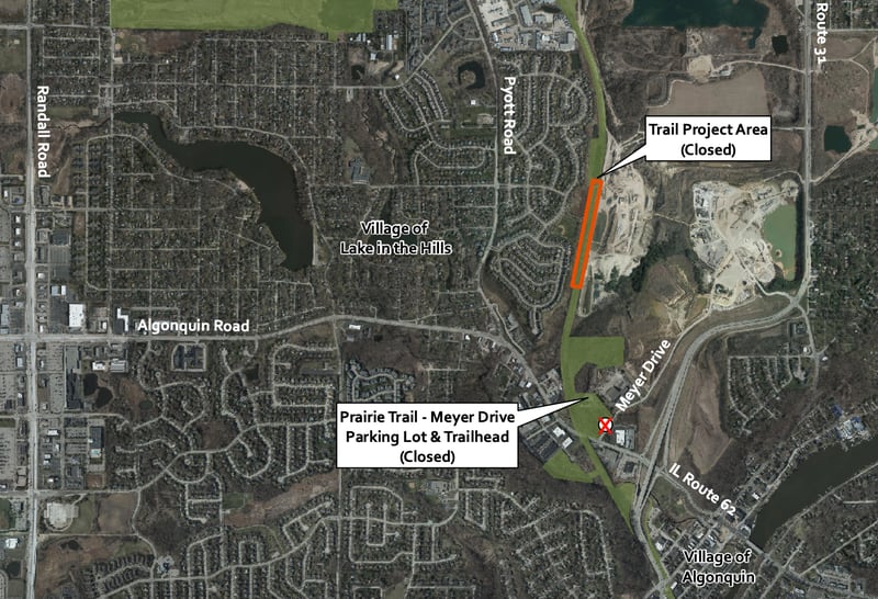 A McHenry County Conservation District map shows where the Prairie Trail will be closed through May in Algonquin.