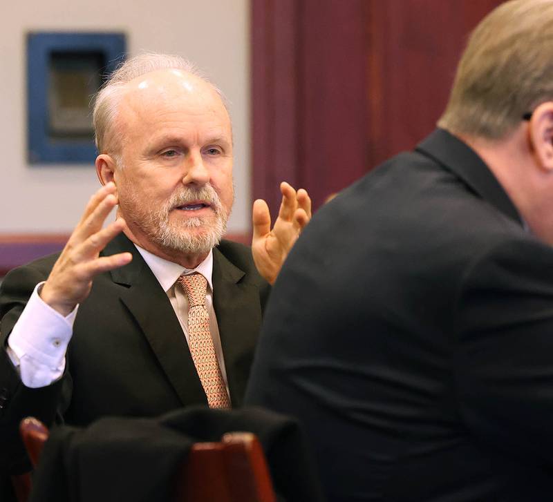 Douglas Moeller, (right) former DeKalb School District 428 superintendent, and his attorney Clay Campbell argue for a new trial during a hearing Tuesday, Jan. 1, 2023, at the DeKalb County Courthouse in Sycamore. Moeller lost his bid for a new trial and was sentenced to community service after being found guilty of one count of non-consensual dissemination of a private sexual image, a class 4 felony.