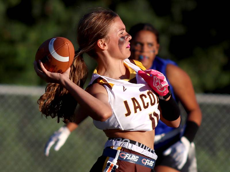 Jacobs’ Olivia Fillipp throws the ball in varsity flag football on Tuesday, Sept. 3, 2024, at Dundee-Crown High School in Carpentersville.