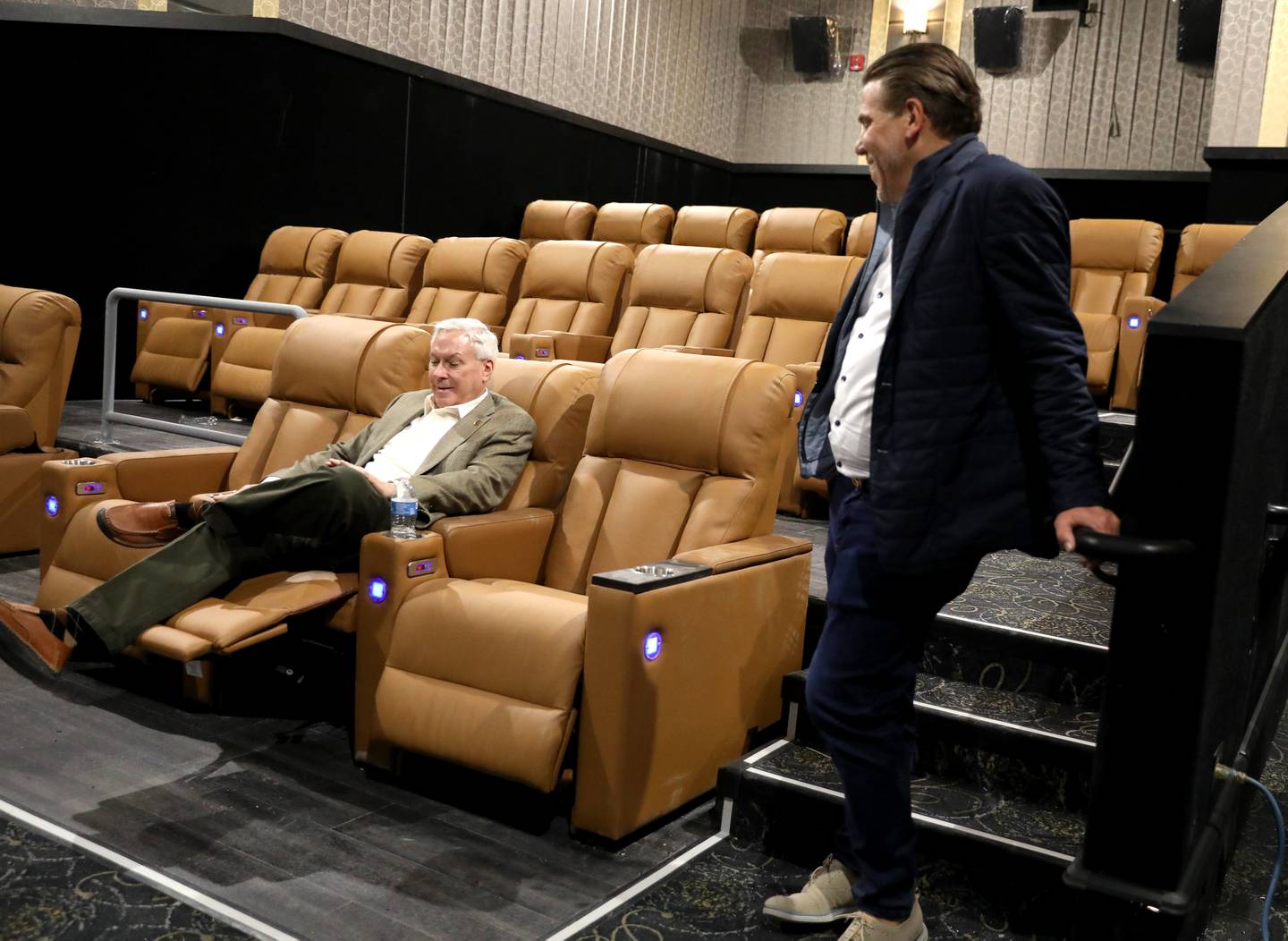 Emagine President & Chairman Paul Glantz (left) and CEO  Anthony LaVerde show one of the screening rooms at the new Emagine Batavia movie theatre, which will open to the public on June 1, 2023.