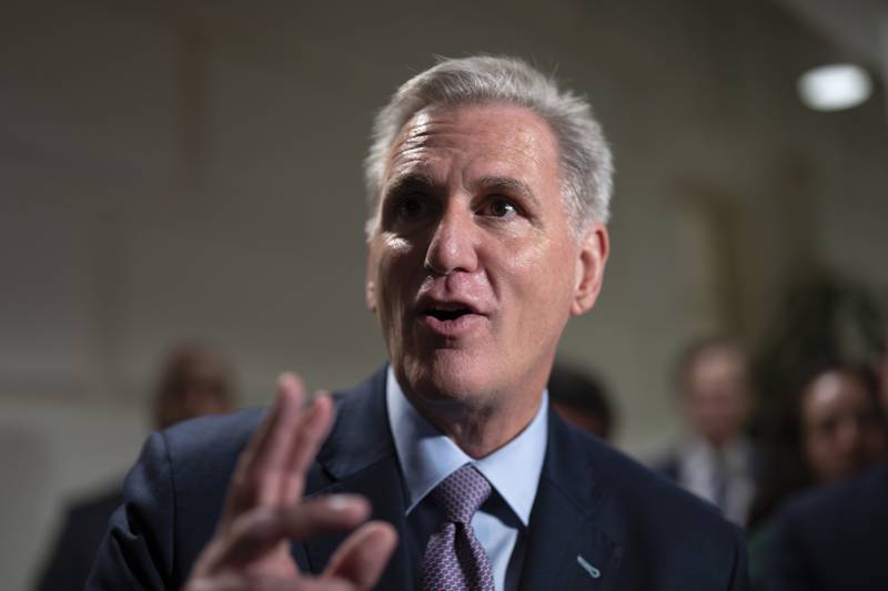 Speaker of the House Kevin McCarthy, R-Calif., talks to reporters after a closed-door meeting with Rep. Matt Gaetz, R-Fla., and other House Republicans after Gaetz filed a motion to oust McCarthy from his leadership role, at the Capitol in Washington, Tuesday, Oct. 3, 2023. (AP Photo/J. Scott Applewhite)