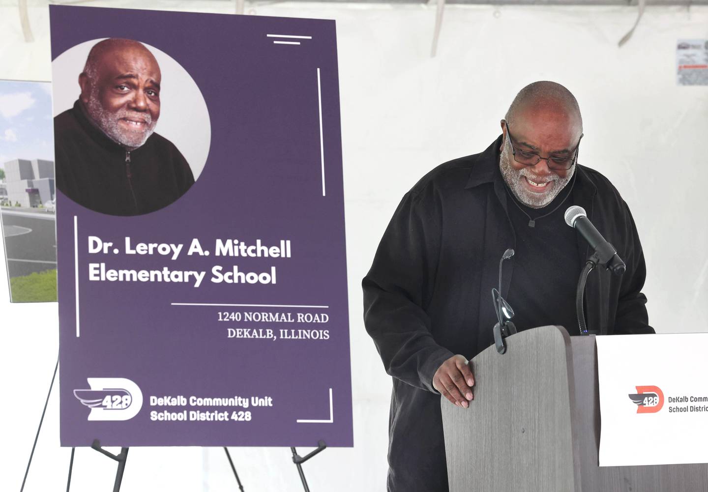 Leroy Mitchell smiles as he speaks Thursday, April 11, 2024, about how humbled and honored he is that the newest DeKalb school will bear his name during the groundbreaking ceremony for Dr. Leroy A. Mitchell Elementary School. The school will be located at 1240 Normal Road in DeKalb.