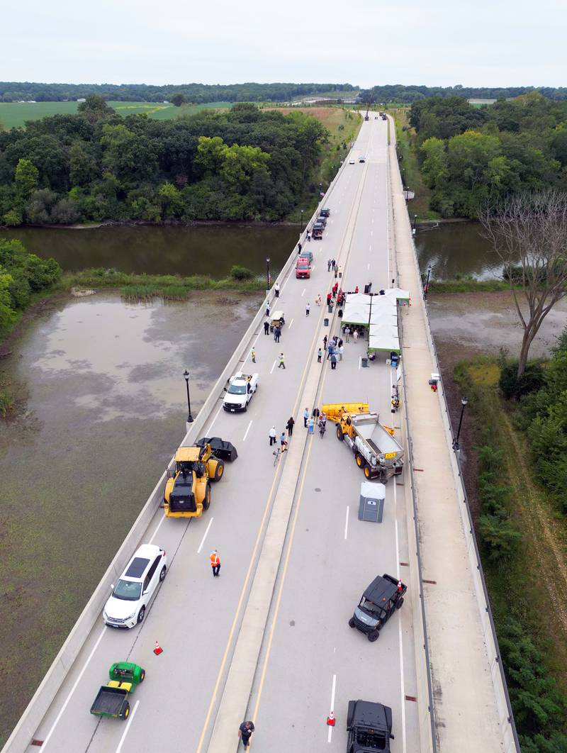 Crews prepare for ribbon cutting for the long awaited opening of Longmeadow Parkway over the Fox River Thursday, Aug. 29, 2024 in Algonquin.