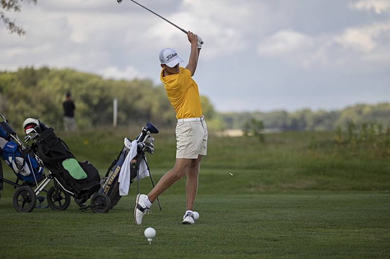 Sterling’s Mason Hubbard tees off on #2 Wednesday, Sept. 27, 2023 during the class 2A golf regionals at Deer Valley Country Club.