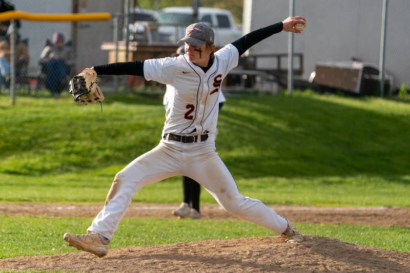 Sandwich's Tyler Lissman (2) delivers a pitch against Plano during a baseball game at Sandwich High School on Monday, May 1, 2023.