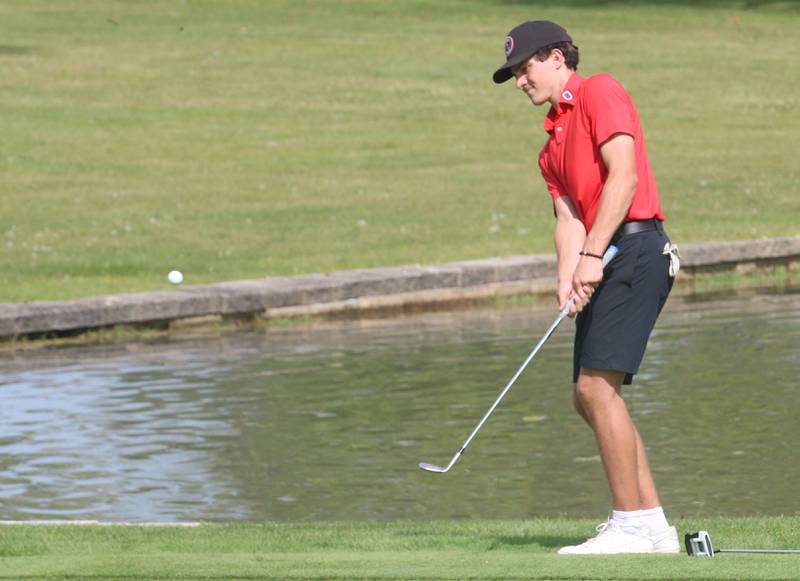 Ottawa's Chandler Creedon hits his bal during the Pirate Invitational golf meet on Monday, Sept. 16, 2024 at Deer Park Golf Course in Oglesby.