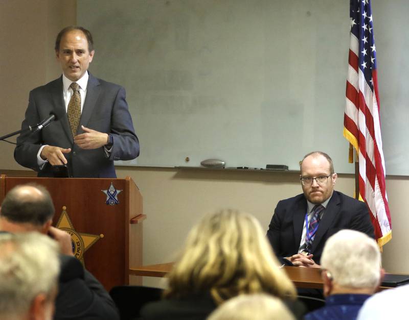 McHenry County Chief Judge Michael Chmiel as talks about how cashless bail is going to be implemented during a McHenry County Bar Association on Tuesday Aug. 29, 2023, at the McHenry County Sheriff's Office.