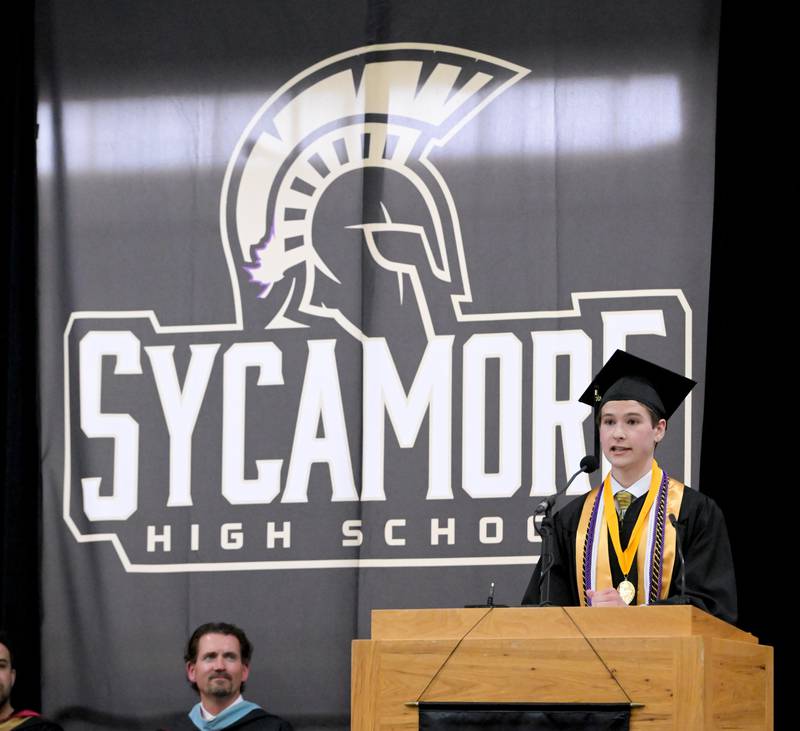 Valedictorian Ty DeVito gives is speech during the 2024 Sycamore High School commencement in Sycamore on Sunday, May 26, 2024.