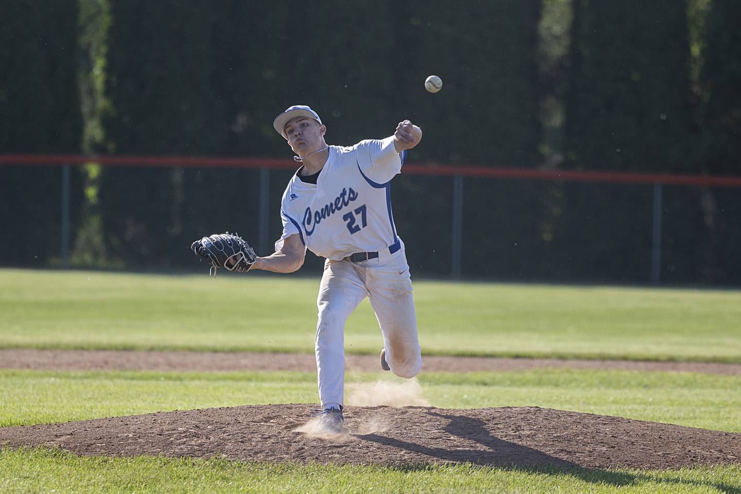 Newman’s Brendan Tunink fires a pitch against Stillman Valley Wednesday, May 22, 2024 in the Class 2A sectional semifinal in Byron.