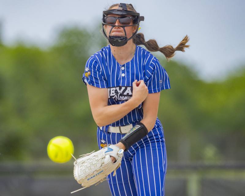 Newark's Kodi Rizzo throws a pitch against a Serena Husker's batter in the first inning of the Class 1A Sectional Final at Woodland High School on May 24, 2024.