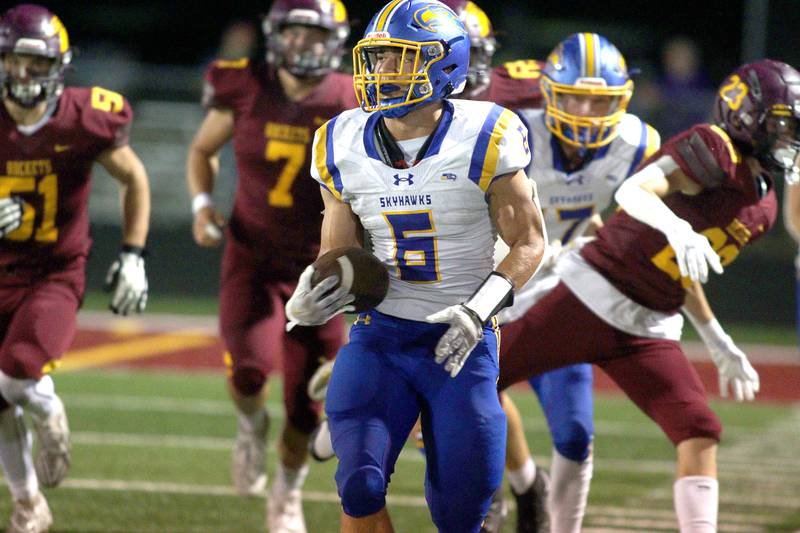 Johnsburg’s Brett Centnarowicz runs the ball in varsity football action on Friday, Sept. 13, 2024, at Richmond-Burton High School in Richmond.